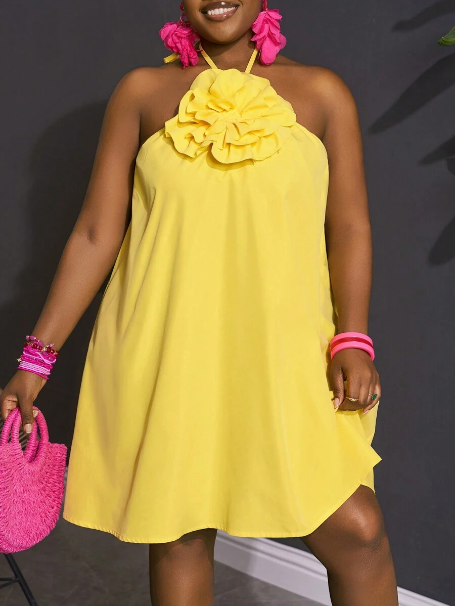 Slaydiva New 2025 Curve Plus Size Women's Romantic & Holiday Solid Color A-Line Ruffle Trim Bubble Mini Dress Spring/Summer - Yellow - View 1