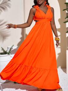 Slaydiva 分层荷叶边 V 领长裙 - 橙色 - 橘色 - 查看 5