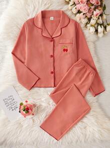 Tween Girls Pajama Set, Burgundy Cherry Embroidered Comfortable Loose Fit Long Sleeve And Long Pants, 2 Pieces Loungewear