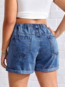 SHEIN EZwear Quần short denim cạp rút giặt thường ngày cỡ lớn - Rửa tối - Xem 2