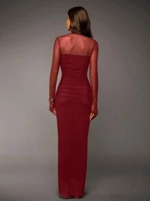 Opulessa Holiday Openwork Knit Long Sleeve Maxi Dress - Red - View 2