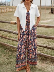 SHEIN LUNE Ensemble casual pour femmes composé d'une chemise unie avec nœud papillon et d'un débardeur à imprimé avec fine bretelle. Tenue occidentale pour femmes, idéale pour les vacances et l'été - Multicolore - Voir 7