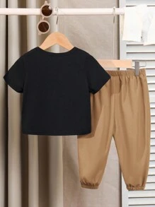 Bubblio 男童休闲字母印花宽松短袖T恤大口袋裤子两件套，适合春夏秋季 - 彩色 - 查看 3