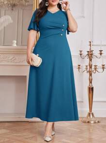 Modelyn 勃艮第红色女士纯色简约日常大码连衣裙，优雅晚会长裙 - 水鴨藍 - 查看 1