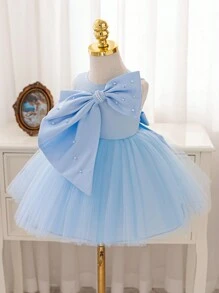 Glamorique Kids Baby Girls' Christmas Party Dress, New Autumn/Winter Luxury Children Pageant Gown, Satin Bow & Tulle Layered Sleeveless High-End Quality Infant Dress In Green - Baby Blue - View 4
