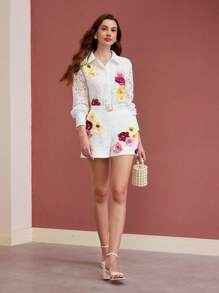 MOTF PREMIUM FLORAL EMBROIDERY SLANT POCKET SHORTS,SPRING/SUMMER - White - View 5