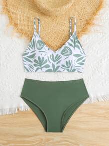 SHEIN Teen Girls Plant Print Swimwear Set For Beach Vacation Summer Holiday - Green - View 6