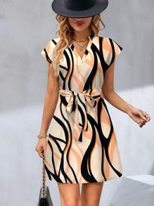 Chiquease 女士全印花 V 领短袖打结腰休闲连衣裙 - 彩色 - 查看 5