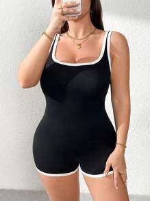 INAWLY 大码女式无袖方领休闲连体裤 - 黑與白 - 查看 5