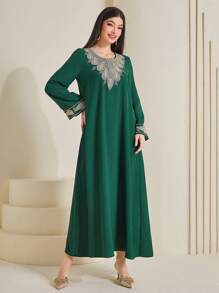 Al Najma Đầm mini họa tiết trang trí cổ tròn dài tay phong cách Ả Rập cho nữ - Màu xanh lá cây đậm - Xem 5
