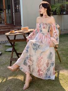 DAZY Women's All Over Floral Print Off Shoulder Midi Dress,Ruffle,Fall Dress Long Sleeve Dress Vacation Outfits Women - Beige - View 4