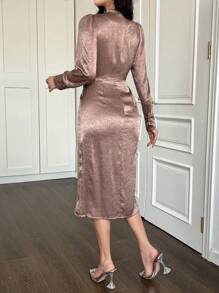 xheDAZY Vestido de manga abullonada con cuello en V, plisado y abertura lateral de unicolor de longitud media para mujeres, vestidos formales para mujeres, vestido largo de manga larga para otoñoxhe - Rosa - Ver 3