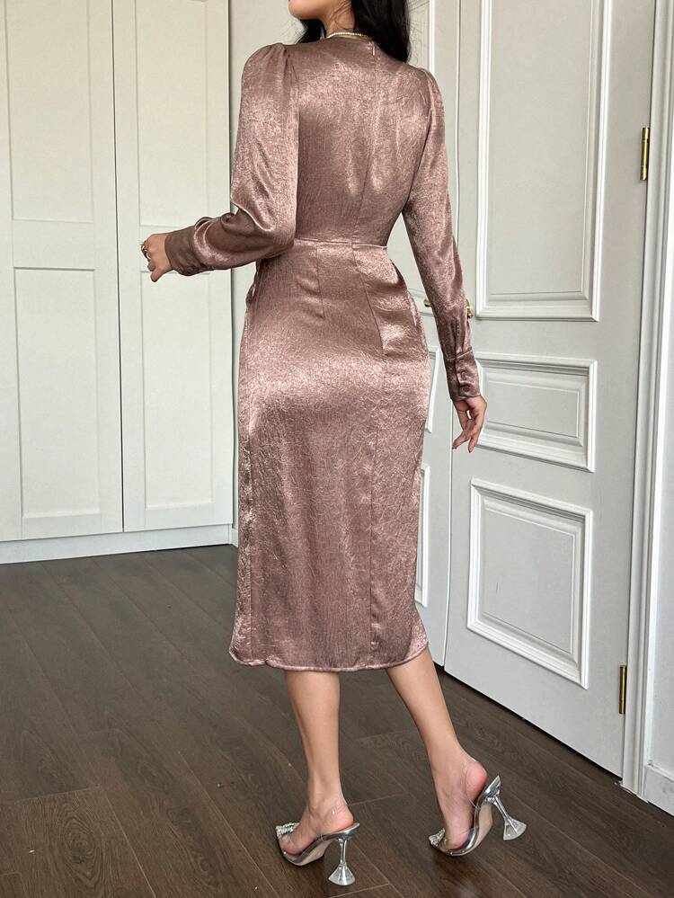 Solid Color V-Neck Puff Sleeve Pleated Slit Mid-Length Dress For Women, Formal Women Dresses, Fall Dress Long Sleeve Dress