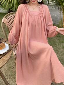 DAZY Women Casual Elegant Ruched Waist Midi Dress With Long Sleeves - Pink - View 2