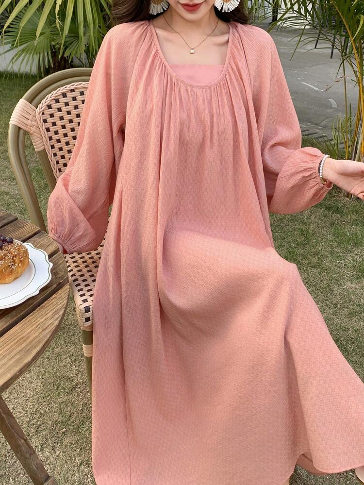 Women Casual Elegant Ruched Waist Midi Dress With Long Sleeves