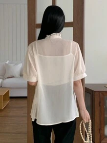 DAZY 优雅办公室女式短袖花卉V领褶皱衬衫，夏季 - 米色 - 查看 2