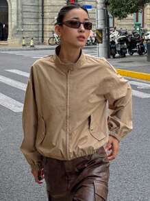 DAZY 女士纯色宽松长袖拉链休闲度假夏季夹克、秋装 - 卡其色 - 查看 6