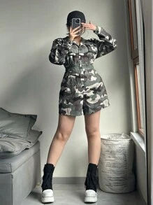 SHEIN EZwear Plus Size Women's Spring Utility Vintage Street Camo Pocket Jumpsuit - Army Green - View 5