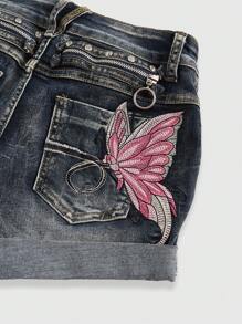 ROMWE Fairycore Spring/Summer Y2K Baddie Butterfly Embroidery Distressed Washed Super Low Waist Denim Shorts - Blue - View 2