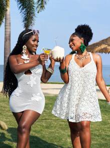 Slaydiva Plus Size Women's Lightweight Casual Jacquard Wide-Leg Romper - Apricot - View 8