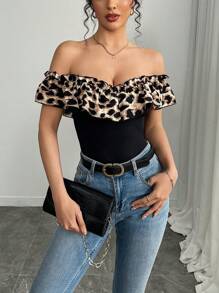 Selianne Women's Fashion Off Shoulder Ruffled Leopard Print Color Block Patchwork T-Shirt, Spring/Summer - Black - View 7