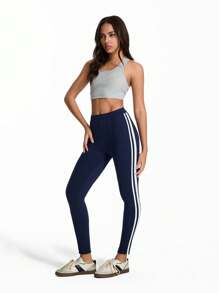 SHEIN Unity Minimalist Contrast Trim Low Waist Leggings Fall Cloth For Women - Navy Blue - View 5