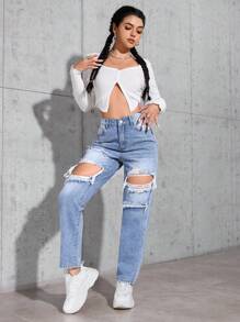 SHEIN PETITE 女士休闲破洞锥形牛仔裤 - 淺色水洗藍 - 查看 6