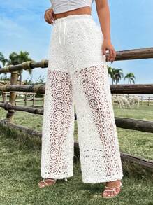 Breezaya Pantalon long blanc décontracté, ample et en dentelle crochetée pour femmes en surpoids. Convient pour les vacances et le port quotidien - Blanc - Voir 4