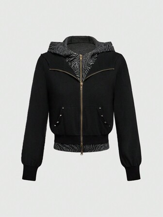 Grunge Punk Felpa con cappuccio chiusura lampo-up vintage da donna con motivo a patchwork zebrato e colori a contrasto