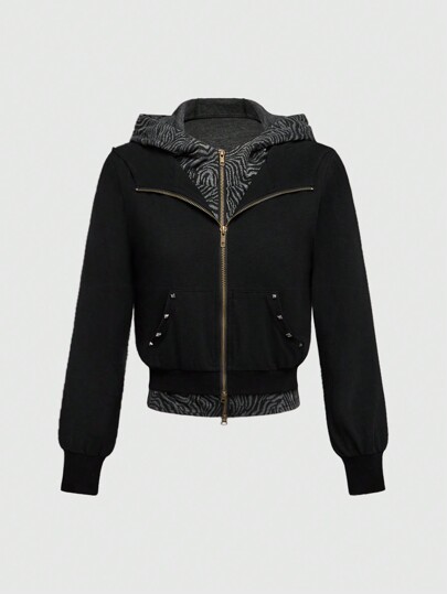 Grunge Punk البلوزة الرياضية ذات الرقاع والسحاب بلون متباين بطراز الفتاة الرجعي للنساء