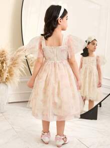 SHEIN 年轻女孩编织碎花网眼方领紧身休闲连衣裙 - 杏色 - 查看 2