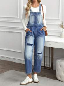 SHEIN LUNE Mono vaquero versátil de pierna recta y bolsillos rasgados para mujer