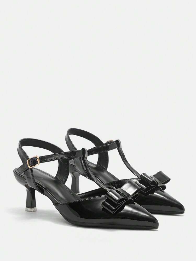CUCCOO CURVES Plus Size Wide Fitting Pointed Toe High Heel Elegant Black T-Strap Hollow Butterfly Sandals, All Season Spring Shoes Spring Break Easter