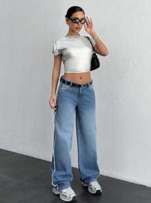 EURMUSE WOMEN HIGH WAIST STRAIGHT JEANS - Medium Wash - View 5