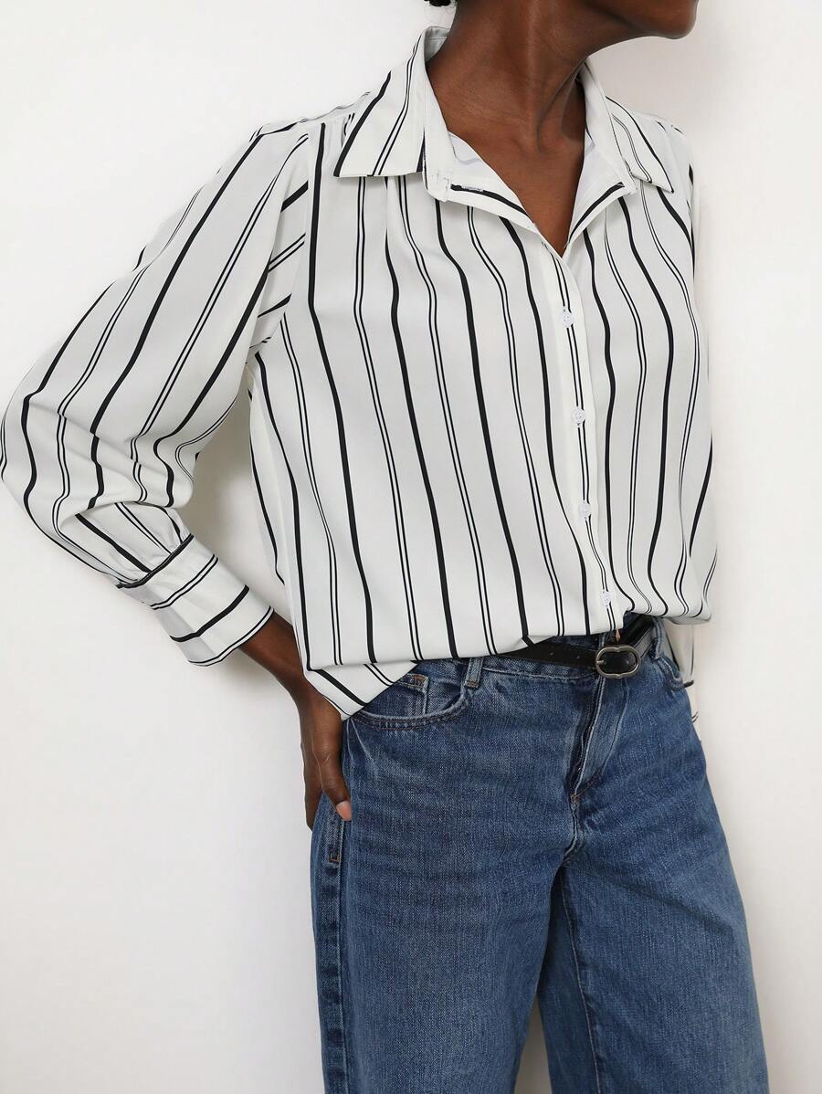 Aveloria Modichic All-Match Versatile Striped Design Button Up Long Sleeve Blouse, Casual Wear For Business Lady Fall Cloth For Women - Black and White - View 1