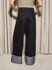 AiiRZ Designer Wide Leg Turn-Up Cuff Raw Denim Jeans, High Waisted Palazzo Style With Contrast Fold, Street Style Statement Pants For Fall Winter