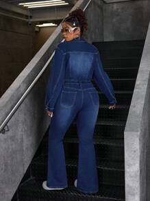 SHEIN ICON Plus Size Front Button Long Sleeve Pockets Fashion Casual Elastic Jumpsuit