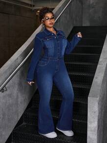 SHEIN ICON Plus Size Front Button Long Sleeve Pockets Fashion Casual Elastic Jumpsuit
