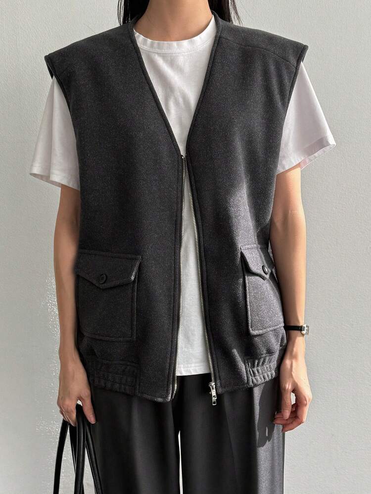 Oversized Pockets Casual Minimalist Short Jacket For Women, Fall Clothes Business Casual Woman Work Clothes Vest