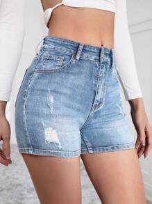 EMERY ROSE Casual Distressed Skinny Denim Shorts - Light Wash - View 2