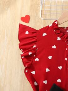 SHEIN Leap Crew 少女两件套：编织心形图案荷叶边袖领带衬衫和休闲裤套装