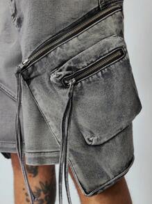 ROMWE MEN Grunge Punk 男士 Street Cargo 复古水洗大口袋牛仔短裤 - 灰色 - 查看 6