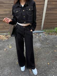 DAZY 女士休闲洗水剪裁牛仔夹克和牛仔裤套装 - 藍色 - 查看 2