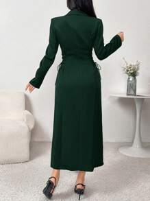 Modelyn Women's Solid Color Button-Front Long Sleeve Casual Long Coat - Dark Green - View 3