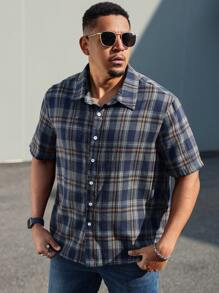 Manfinity Homme Plus Size Men's Front Button Short Sleeve Plaid Minimalist Casual Top - Multicolor - View 3