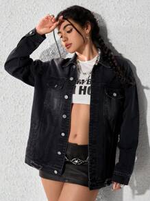 SHEIN EZwear Chaqueta vaquera estampada casual de mujer, moda minimalista para uso diario