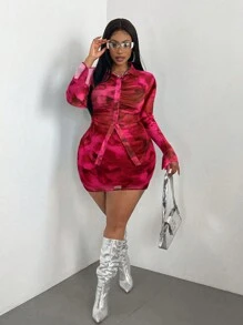 Maweii 2 件大码女式套装：复古风粉色网眼花卉印花单排扣长袖上衣和中长裙 - 玫紅色 - 查看 3