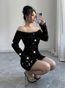 Elenzga New Women's Off Shoulder Dress Party Style Shiny High-End Tight Sexy Hip-Wrapped Long-Sleeved Party Dress - Black - View 6