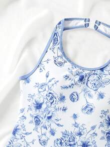 SHEIN 青少年女孩连体泳衣，印花度假连体泳衣泳装，可爱运动连体泳衣 - 藍色 - 查看 6