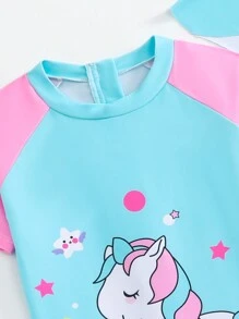 SHEIN Young Girl One-Piece Swimsuit With Graphic Print, Including Free Swim Cap - Multicolor - View 3